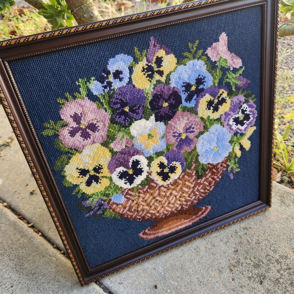 Vtg Elizabeth Bradley PANSY Bowl Needlepoint Framed Cross Stitch 17.5" Victorian